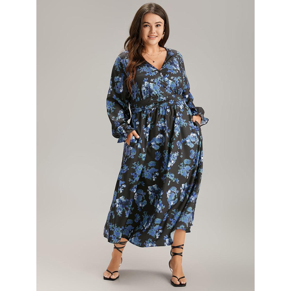 Plus Size Silhouette Floral Print Wrap Pocket Dress Black Women Elegant Gathered V-neck Long Sleeve Curvy Midi Dress BloomChic 12/L Product Image