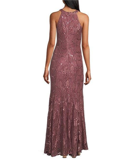 R & M Richards Petite Size Keyhole Neck Glitter Lace Scalloped Bodice Mermaid Gown Product Image