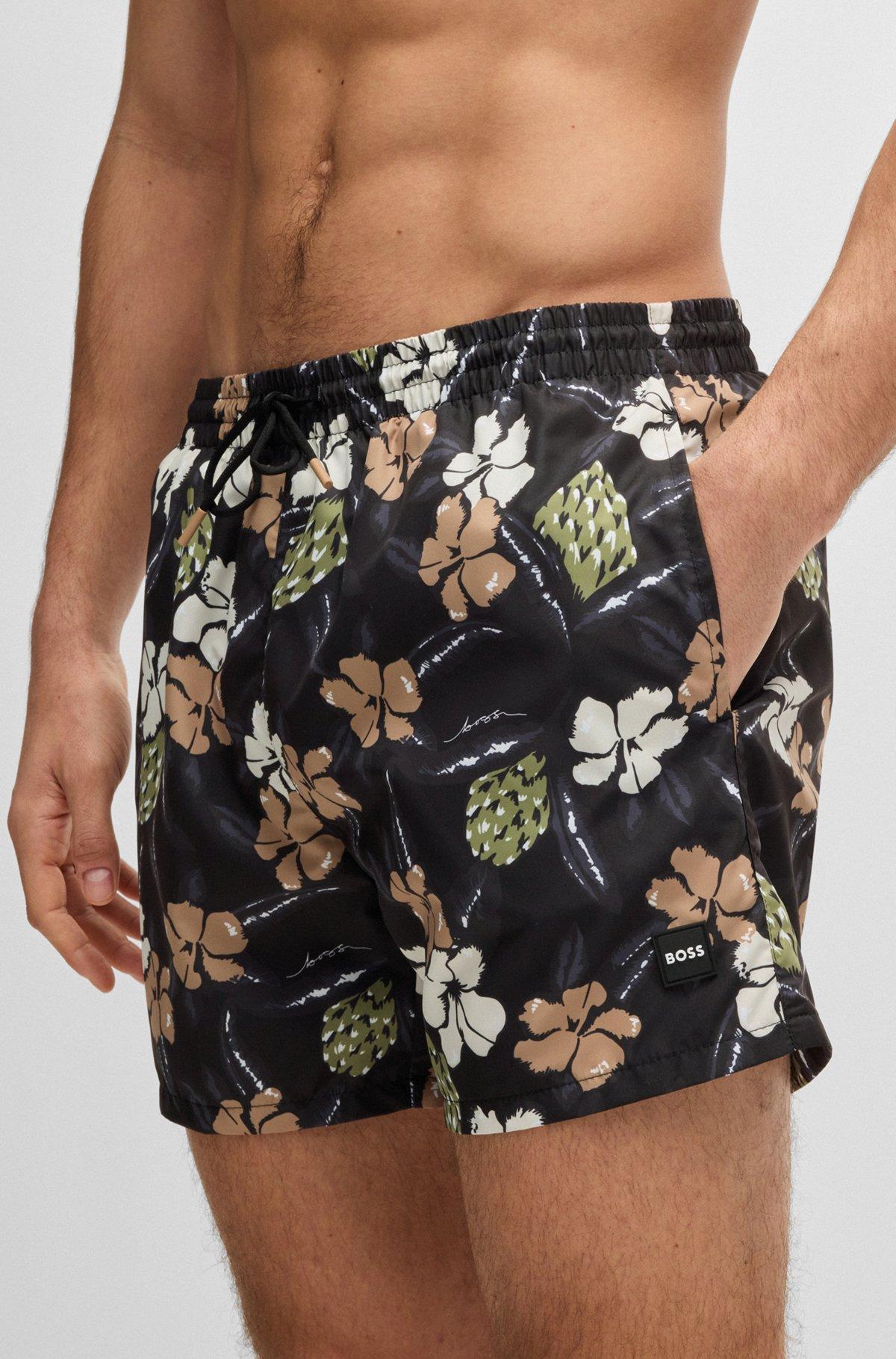 BOSS - Fully lined swim shorts with seasonal print - Black Product Image