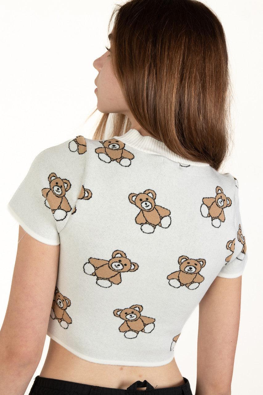 White Short Sleeve Teddy Bear Sweater Product Image
