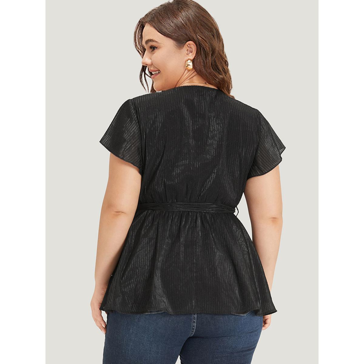 Plus Size Black Plain Plisse Surplice Neck Belted Flutter Blouse Women Elegant Short sleeve V-neck Dailywear Blouses BloomChic 30/6X Product Image