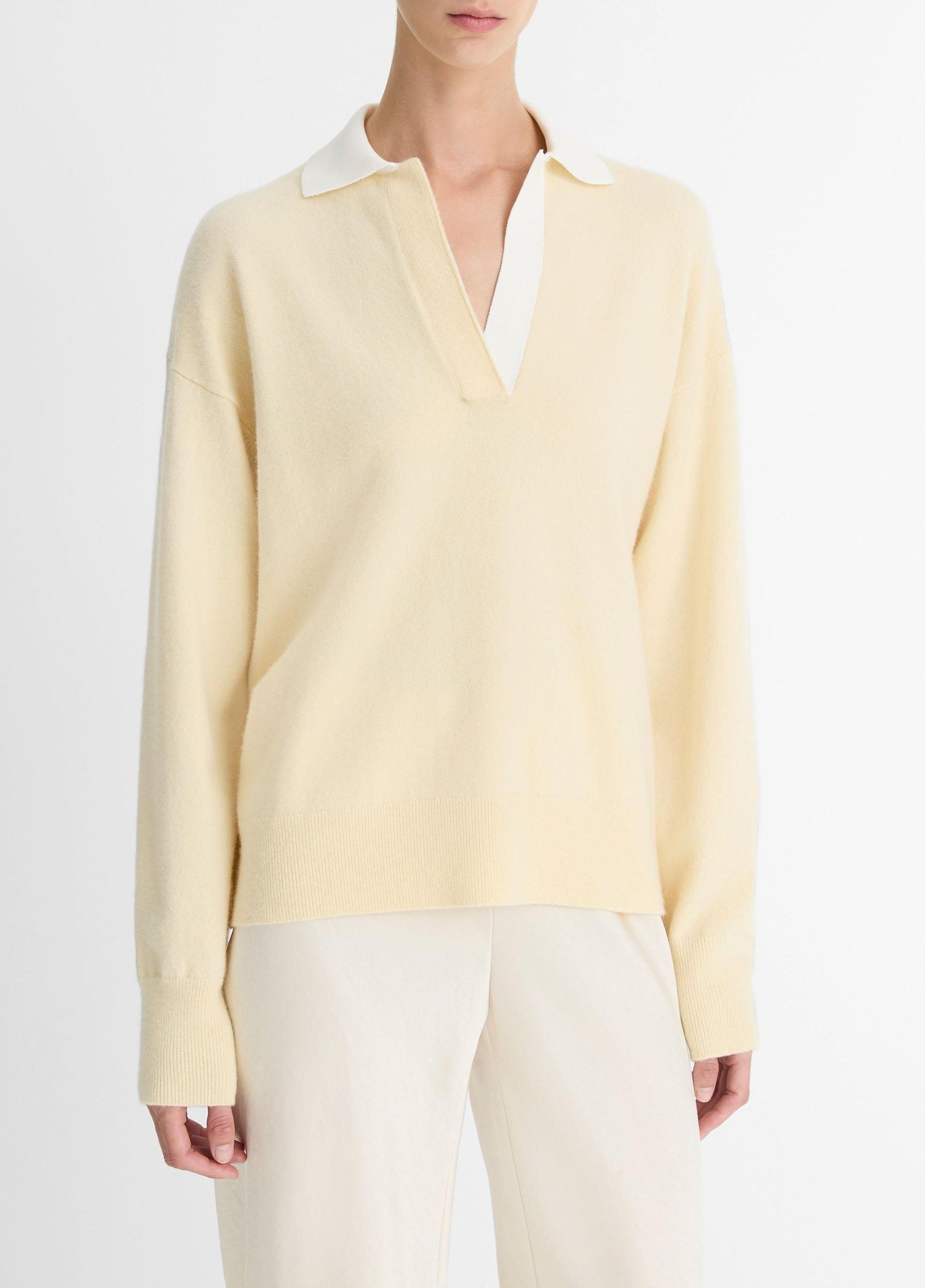 Wool & Cashmere-Blend Contrast-Collar Polo Sweater Product Image