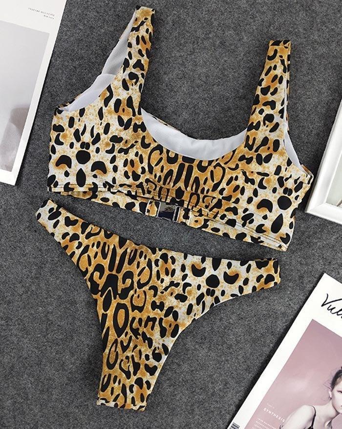 Leopard Print Hollow Out Metal Button Triangle Bikini Product Image