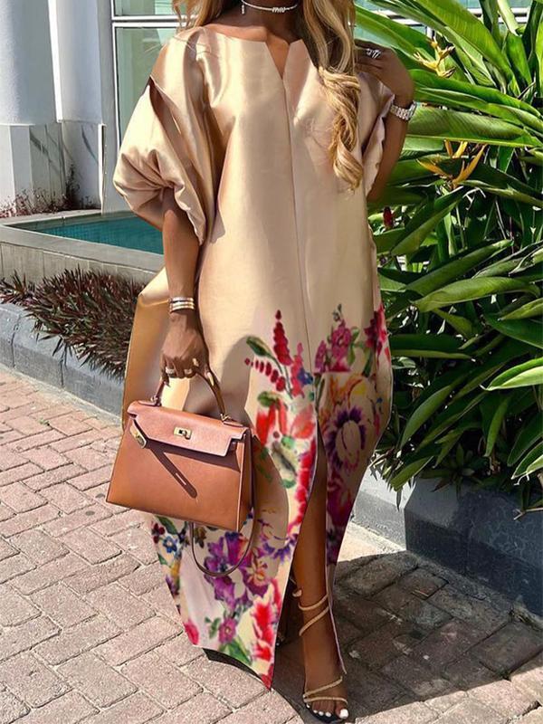 A-Line Half Sleeves Elasticity Flower Print Split-Front V-Neck Maxi Dresses Product Image