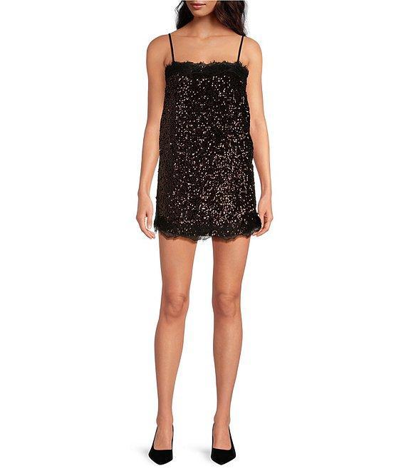 Gianni Bini x Lilly Sisto Tinsley Sequin Lace Trim Square Neck Spaghetti Strap Slip Mini Dress Product Image