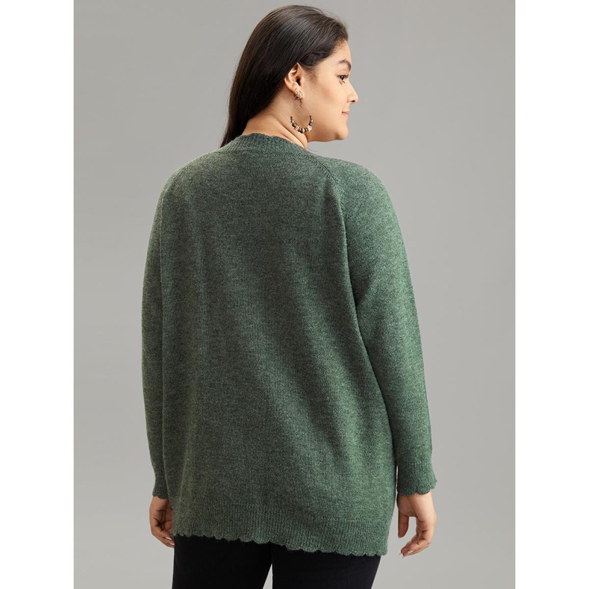 Plus Size Solid Cable Knit Scalloped Trim Cardigan DarkGreen Women Casual Loose Long Sleeve Dailywear Cardigans BloomChic 26/4X Product Image