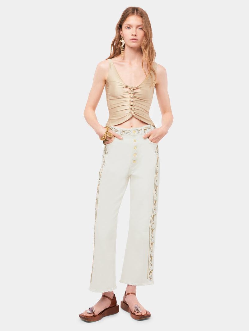 Embroidered off white denim jeans Product Image