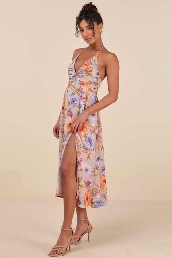 Danelle Taupe Floral Halter A-Line Midi Dress Product Image
