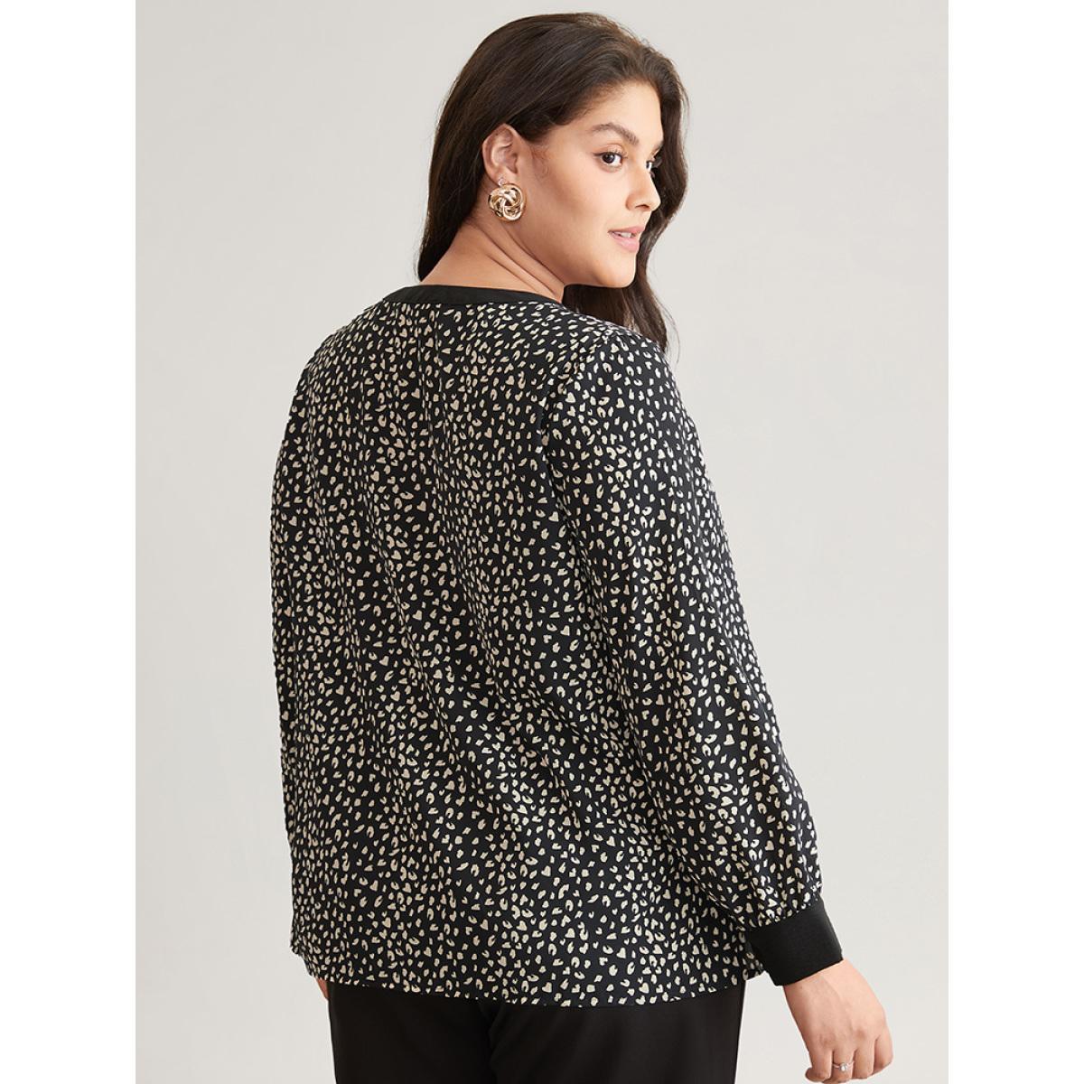 Plus Size Black Leopard Print Button Through Notched Blouse Women Office Long Sleeve V-neck Work Blouses BloomChic 18-20/2X Product Image