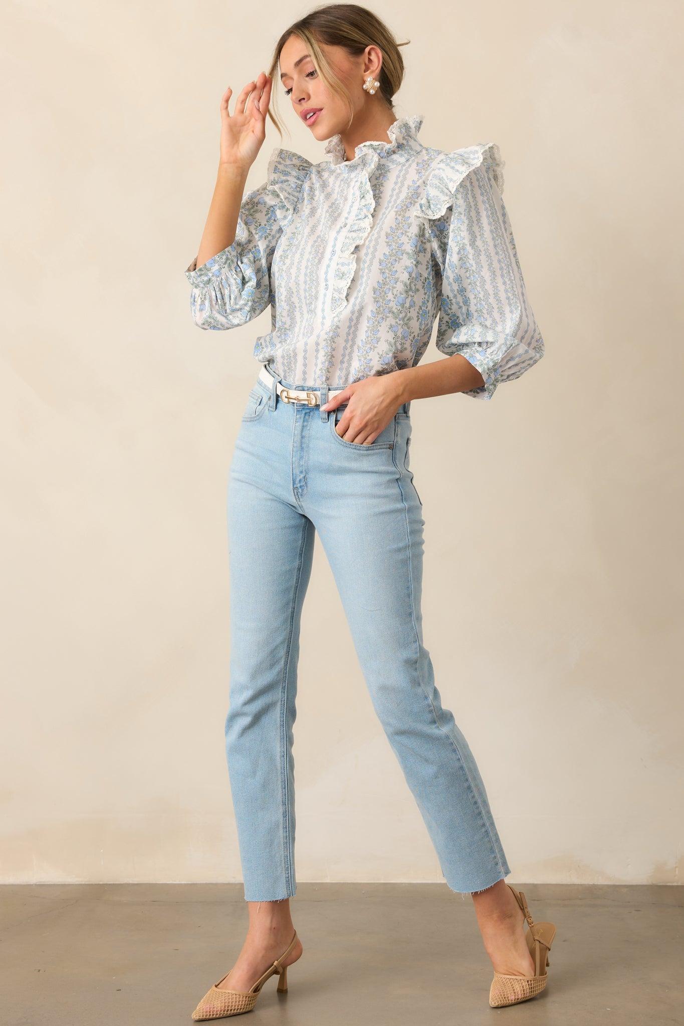 Hummingbird’s Haven Cotton Blue Flutter Sleeve Blouse Product Image