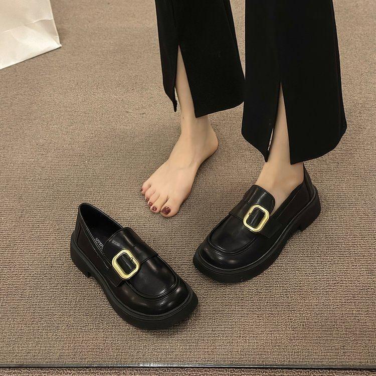 Platform Plain Buckled Faux Leather Loafers Product Image