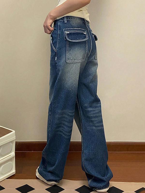 American-Style Washed Distressed Finish Boyfriend Jeans Product Image