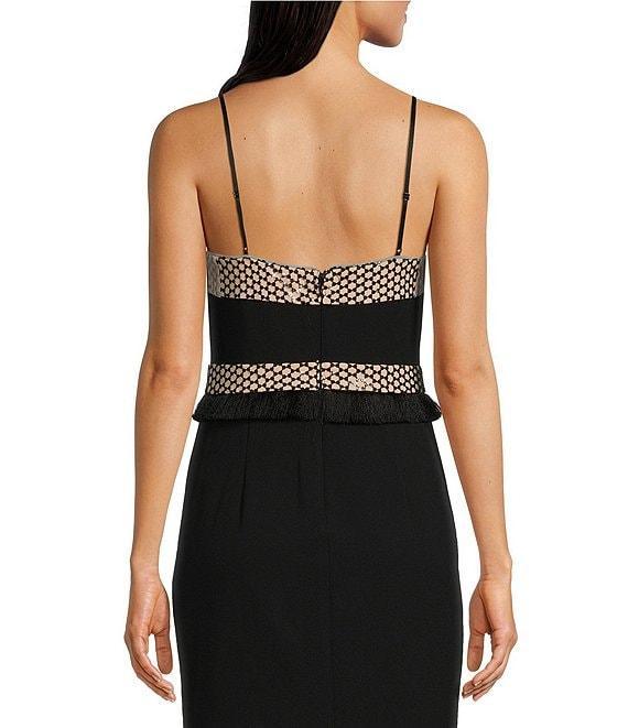 Adrianna by Adrianna Papell Crepe Metallic Net Fringe Square Neck Sleeveless Dress Product Image