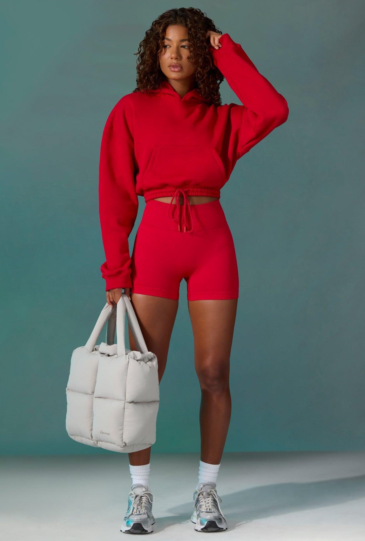 Cropped Drawstring Hooded Sweatshirt in Tango Red Product Image