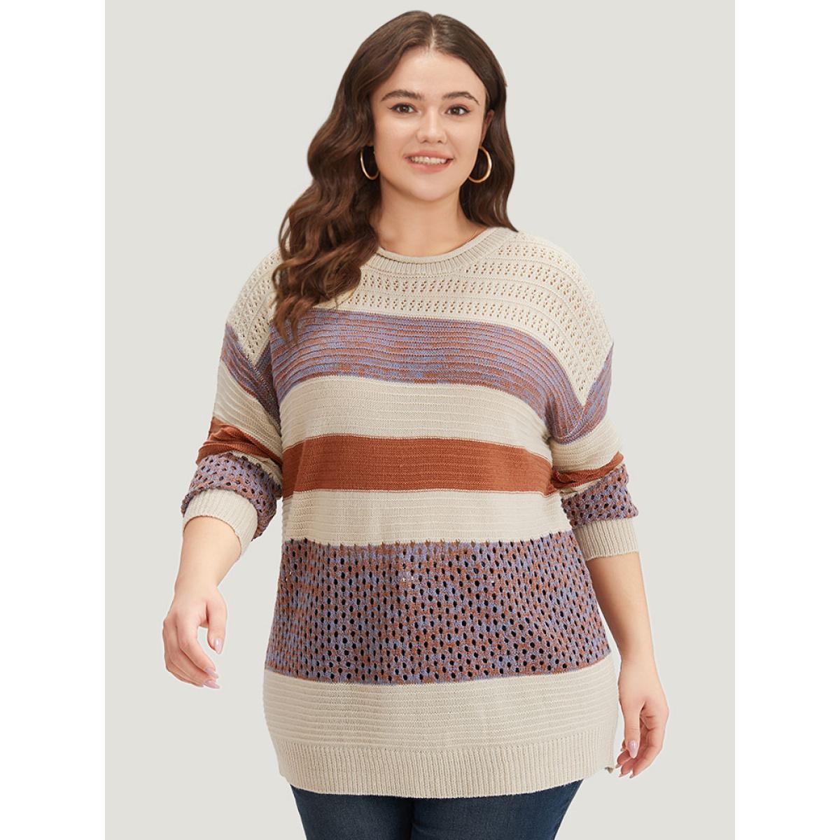 Plus Size Colorblock Contrast Drop Shoulder Cut Out Pullover Multicolor Women Casual Loose Long Sleeve Round Neck Dailywear Pullovers BloomChic 28/5X Product Image