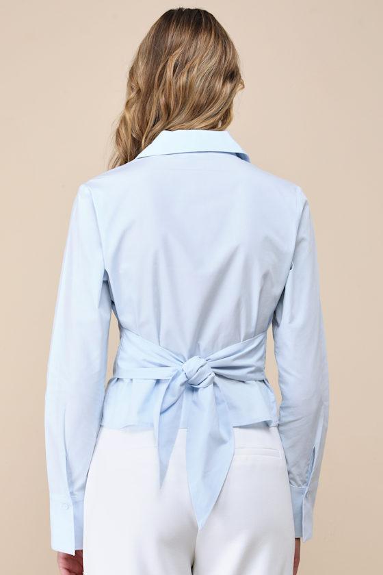 Majorly Charming Light Blue Collared Button-Up Tie-Back Top Product Image