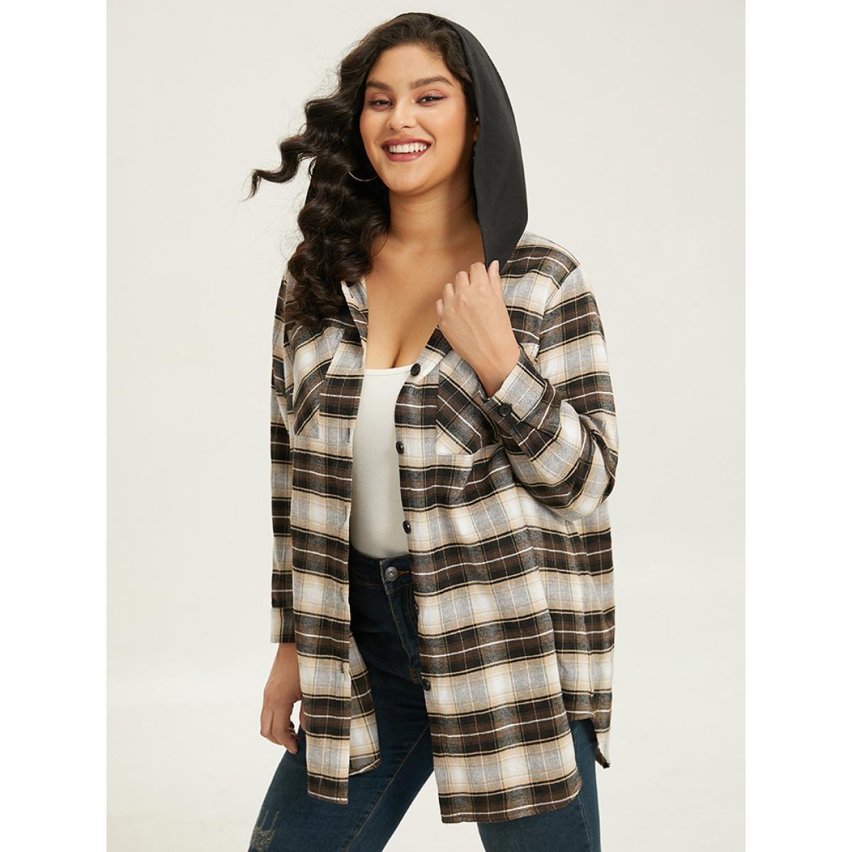 Plus Size Plaid Button Up Hooded Patchwork Shacket Women DarkBrown Contrast Pocket Everyday Jackets BloomChic 14-16/1X Product Image