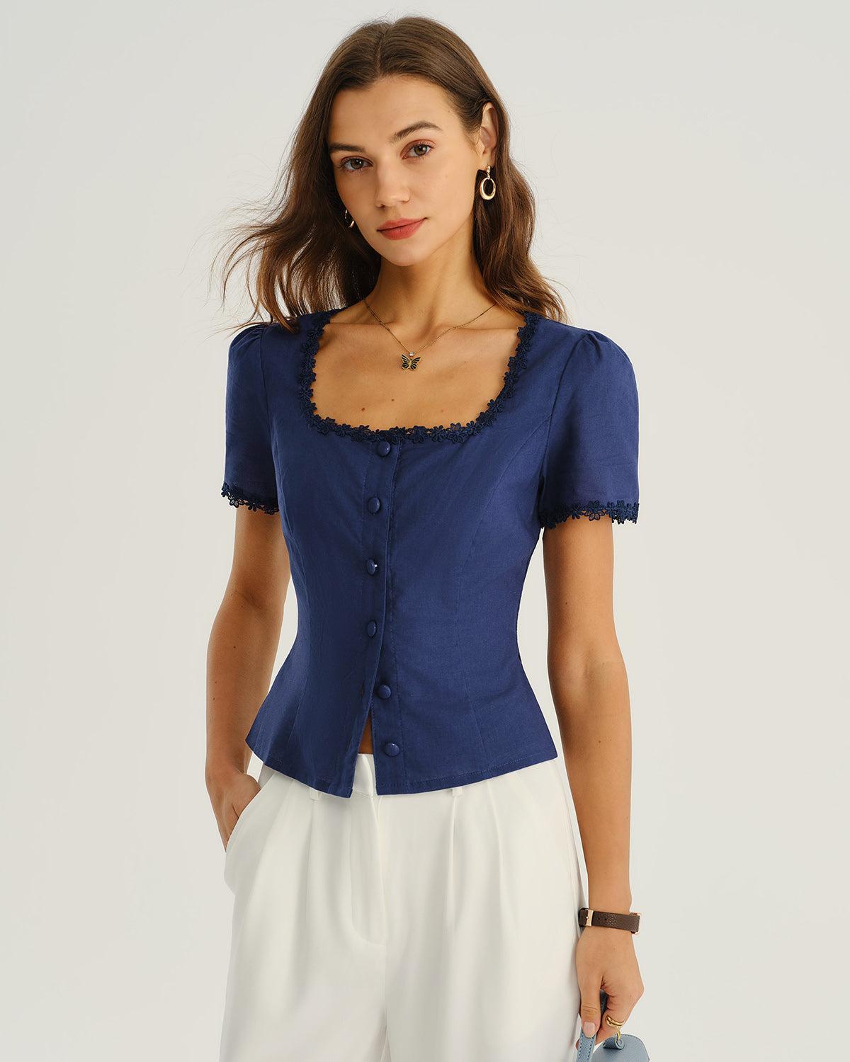 Navy Square Neck Button Blouse Product Image