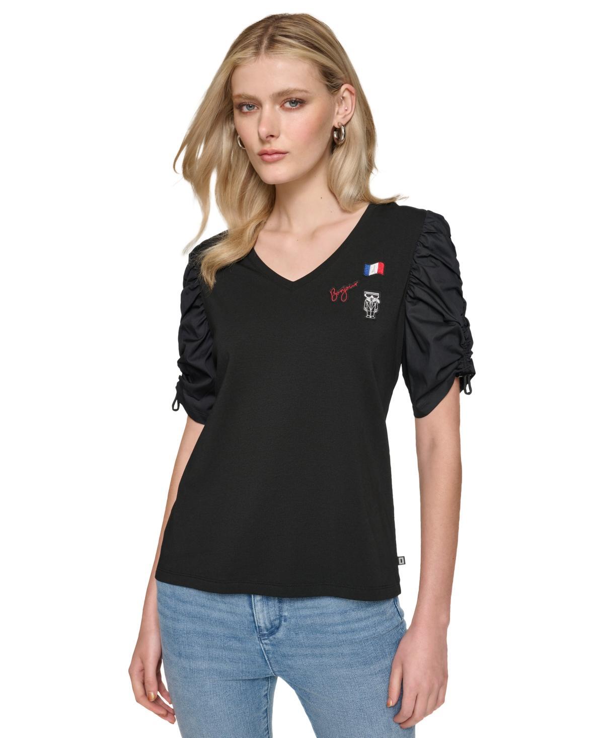 Karl Lagerfeld Paris Womens Ruched-Sleeve V-Neck Top Product Image