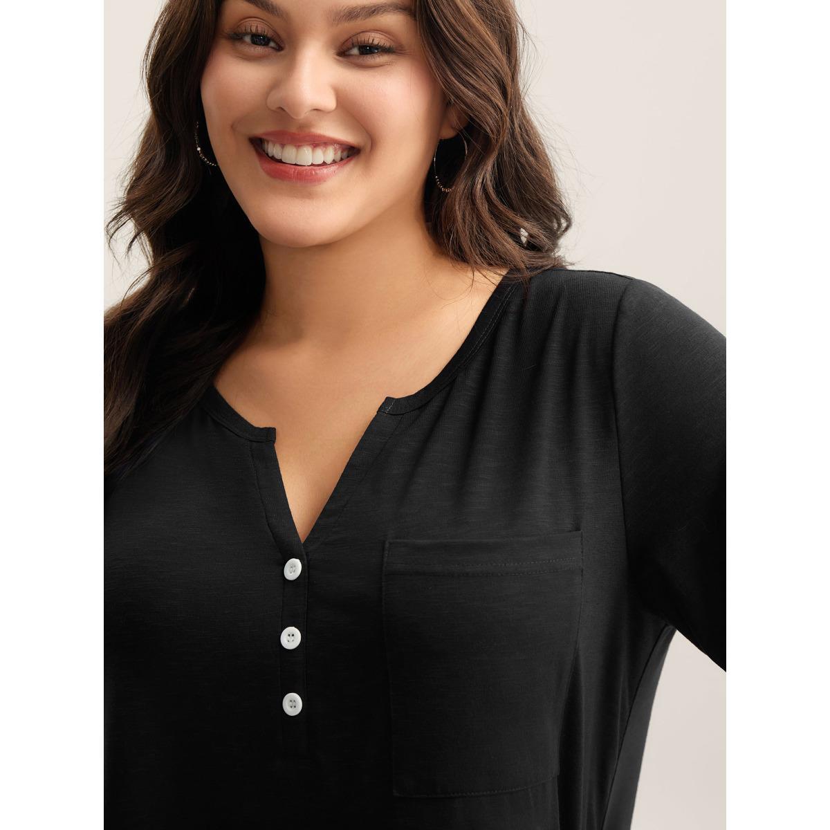 Plus Size Solid Split Neck Button Detail T-Shirt Black Women Leisure Button Notched collar Casual T-shirts BloomChic 30/6X Product Image