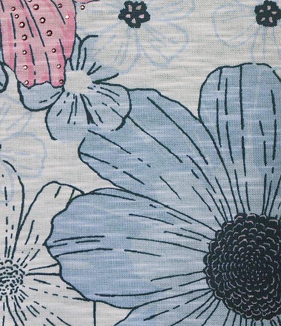 Allison Daley Petite Size Daisy Cascade Border Print Short Ruched Tie Sleeve Crew Neck Knit Top Product Image