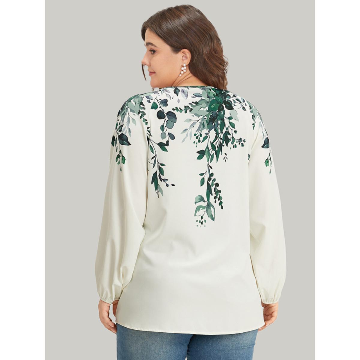 Plus Size Ivory Plants Print Lantern Sleeve Button Detail Blouse Women Vacation Long Sleeve V-neck Dailywear Blouses BloomChic 26/4X Product Image