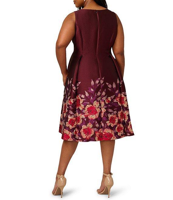 Adrianna Papell Plus Size Jacquard Notch Scoop Neck Floral Print Pleated Sleeveless Midi Dress Product Image