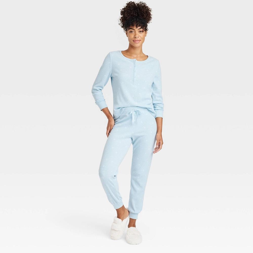 Womens Thermal Long Sleeve Henley Top and Jogger Pants Pajama Set - Auden Blue/Snowflakes XXL Product Image