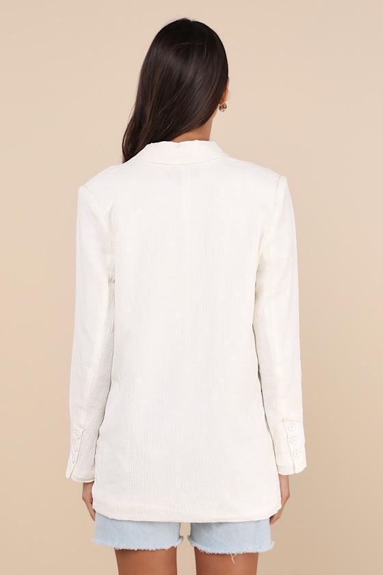 Poised Design White Linen Textured Double-Breasted Blazer Product Image