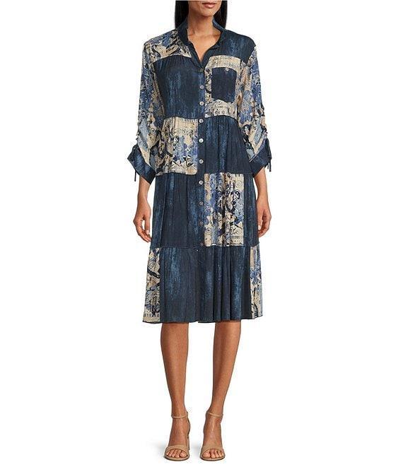 John Mark Patchwork Mixed Print Y-Neck 3/4 Sleeve Button-Front Dress Product Image
