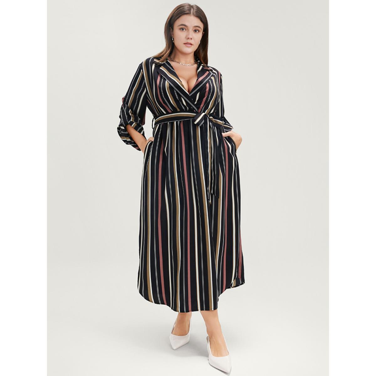 Plus Size Striped Lapel Collar Cuffed Sleeve Pocket Belted Arc Hem Dress DarkBlue Women Office Belted Lapel Collar Long Sleeve Curvy Midi Dress BloomChic 30/6X Product Image