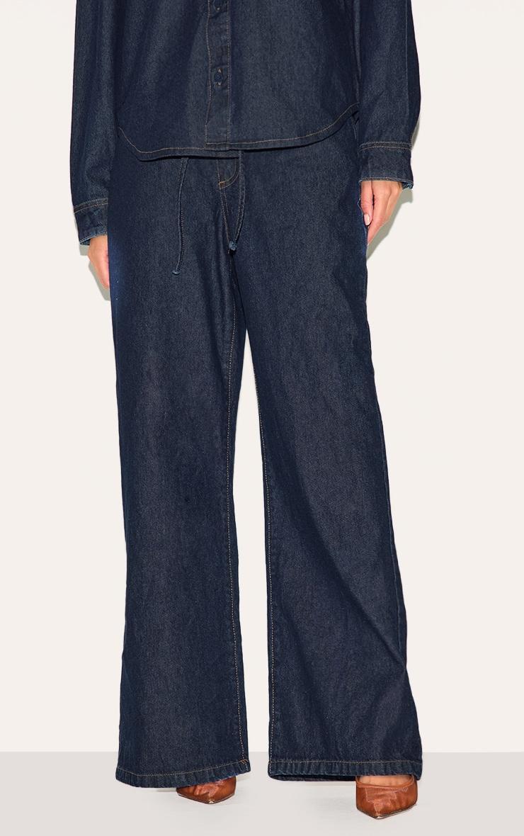 Dark Indigo Low Rise Tie Waistband Wide Leg Jeans Product Image