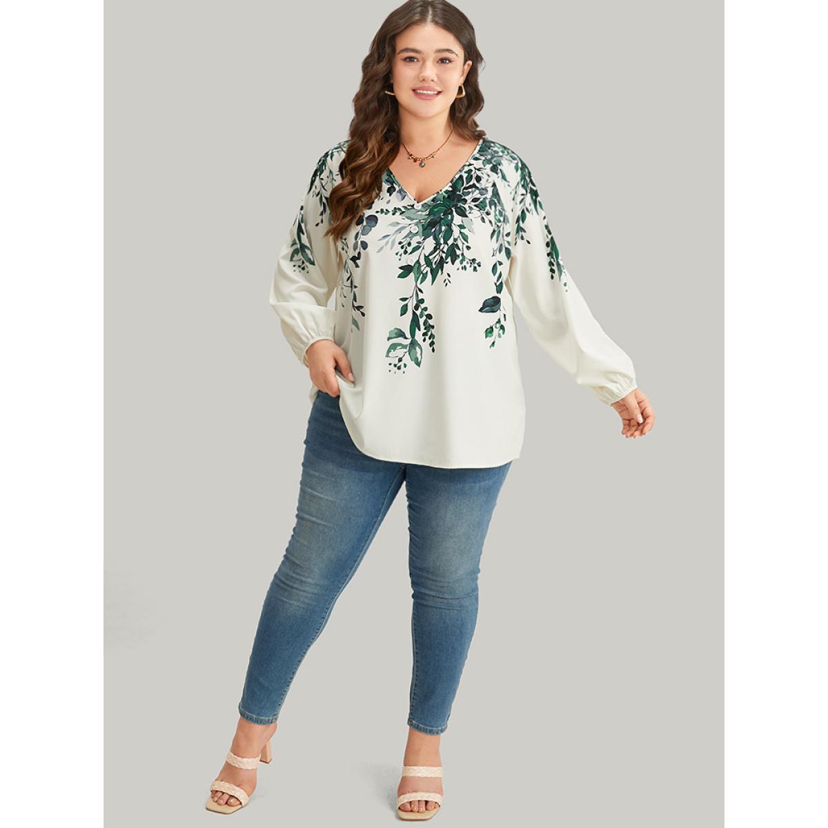 Plus Size Ivory Plants Print Lantern Sleeve Button Detail Blouse Women Vacation Long Sleeve V-neck Dailywear Blouses BloomChic 26/4X Product Image