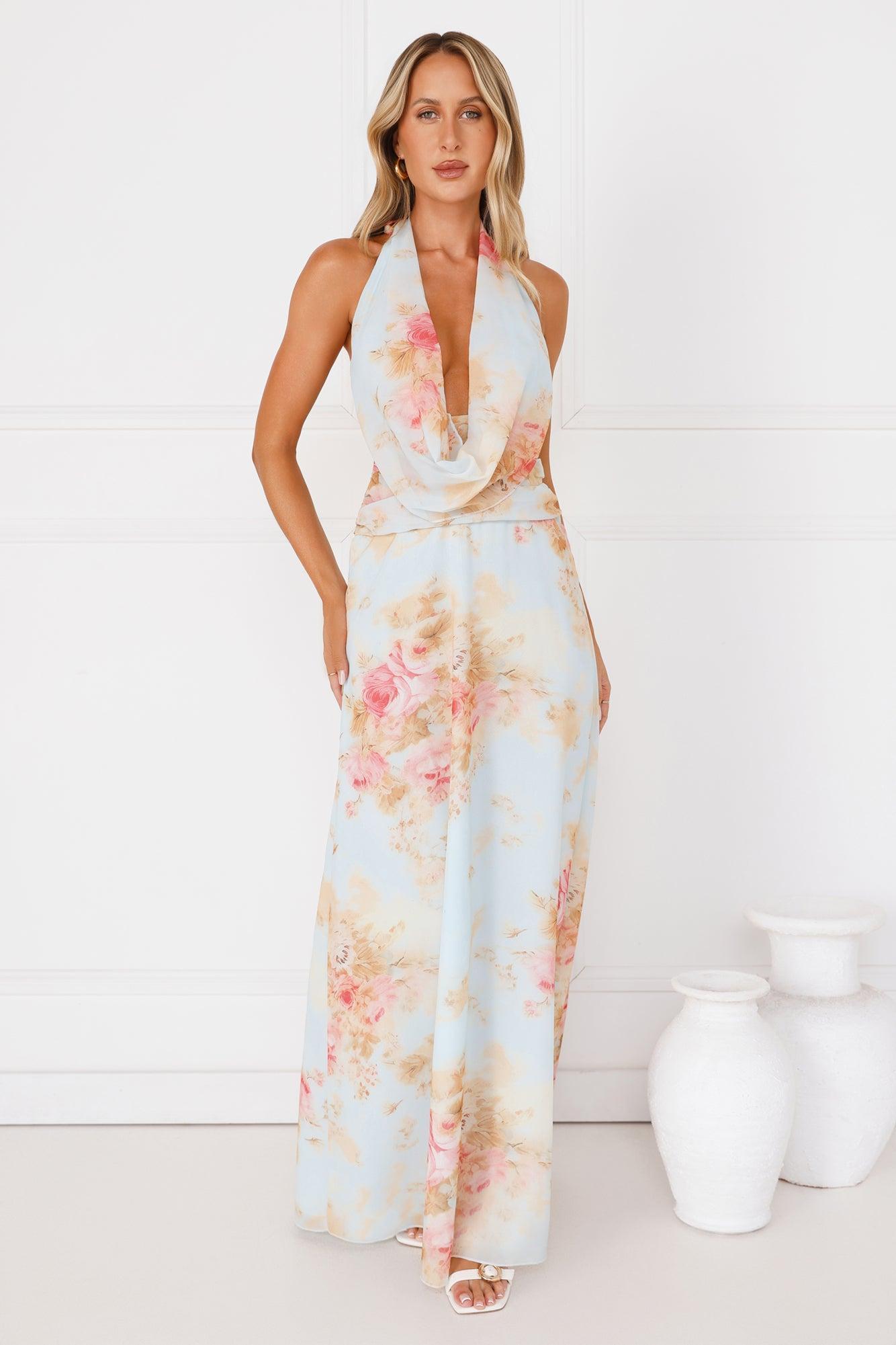 Dreamy Petals Halter Maxi Dress Blue Product Image