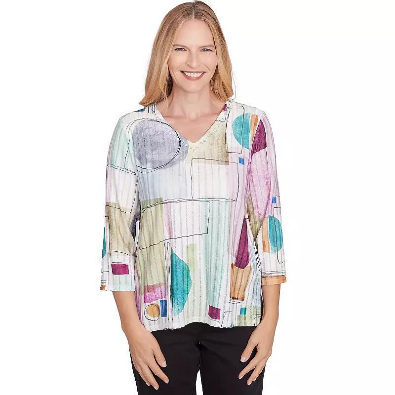 Women's Alfred Dunner Geometric V-Neck Three Quarter Sleeve Top, Size: Large, Multi Neutral Product Image