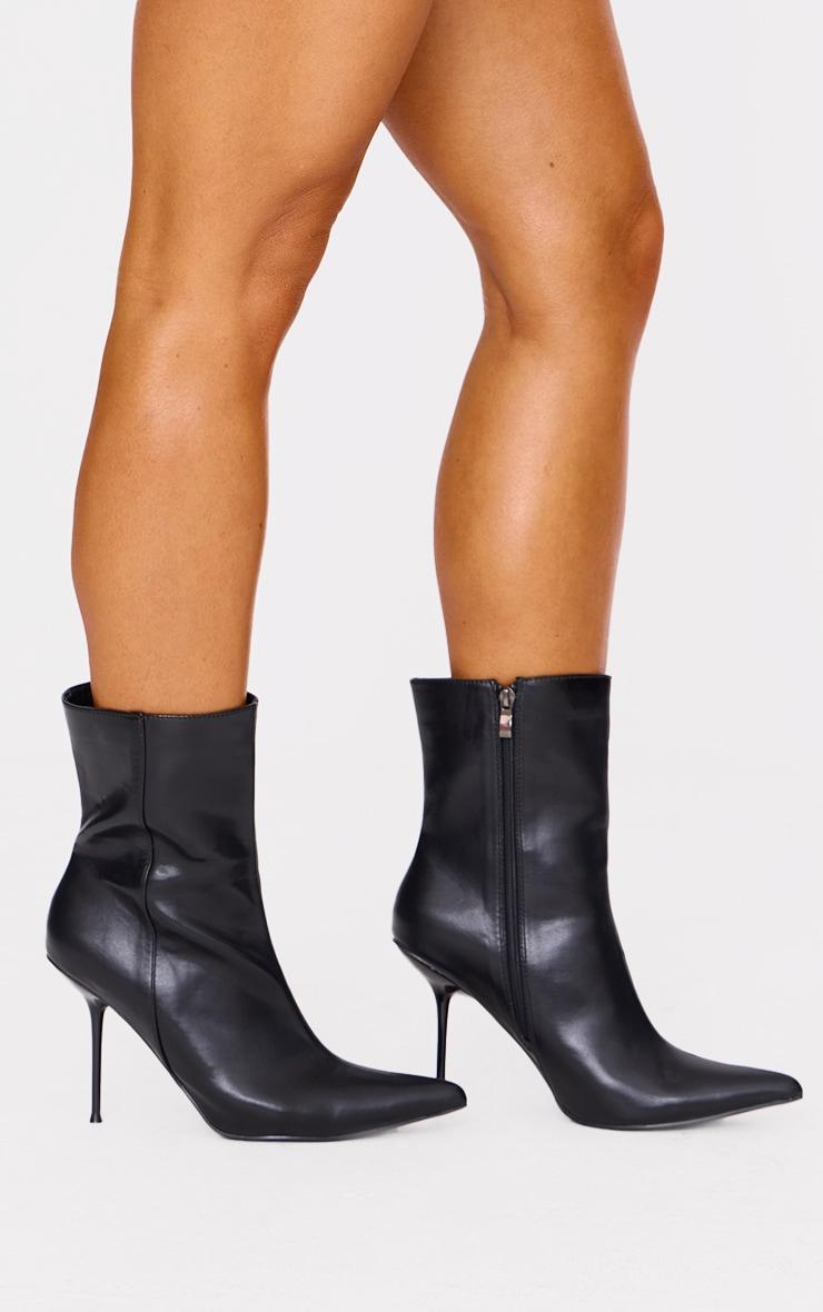  Black Pu Point Toe Mid Heeled Ankle Boots Product Image