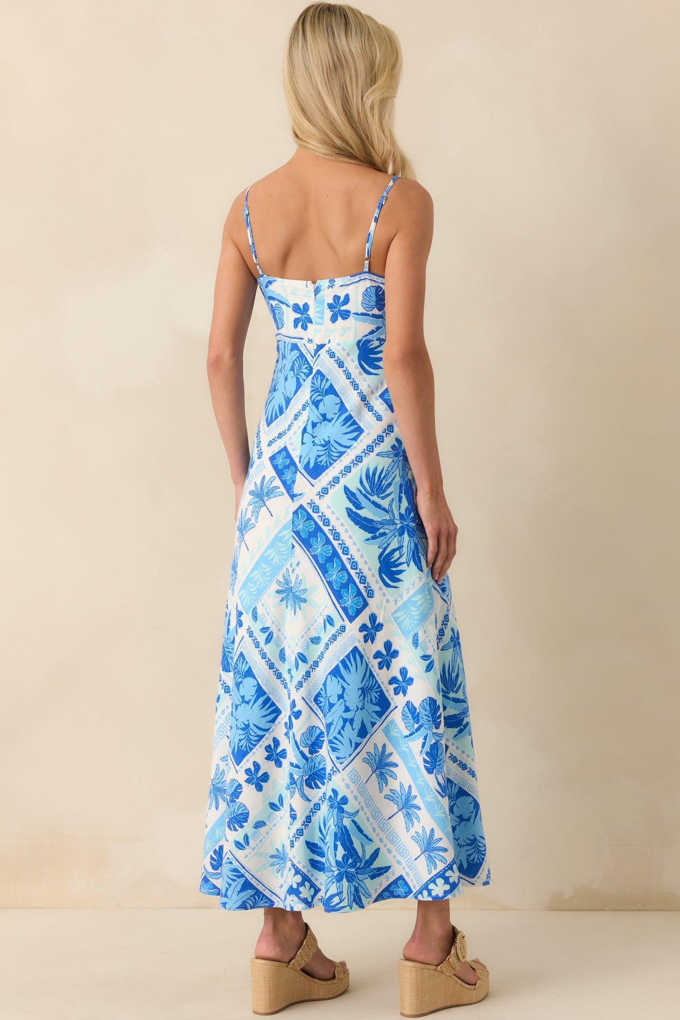 A Little Bit Brighter Blue Tropical Patchwork Print Maxi Dress Product Image