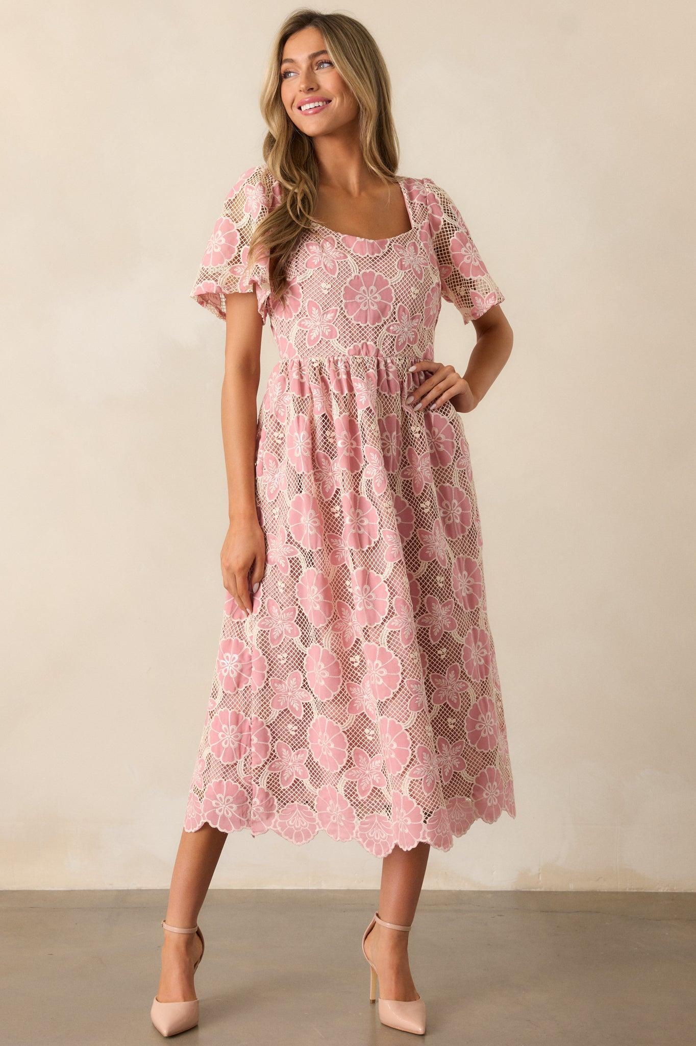 The Sweetest Rose Pink Embroidered Floral Midi Dress Product Image