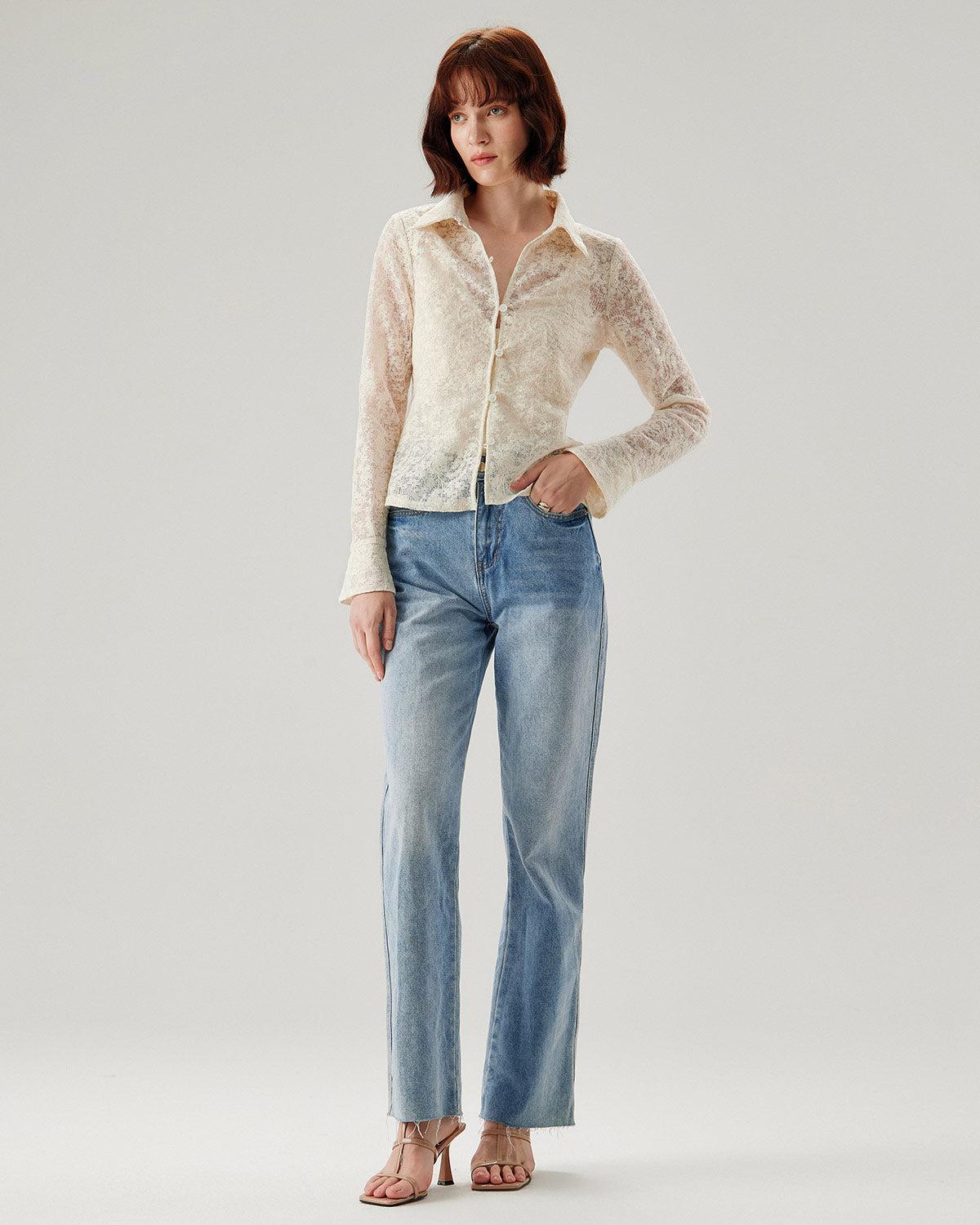 White Jacquard Bell Sleeve Button Blouse Product Image