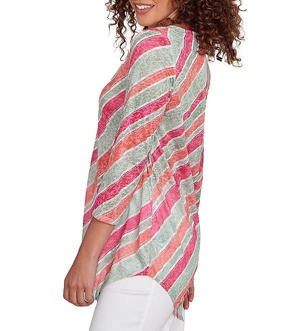 Ruby Rd. Knit Stripe Crew Neck 3/4 Sleeve Asymmetric Hem Top Product Image