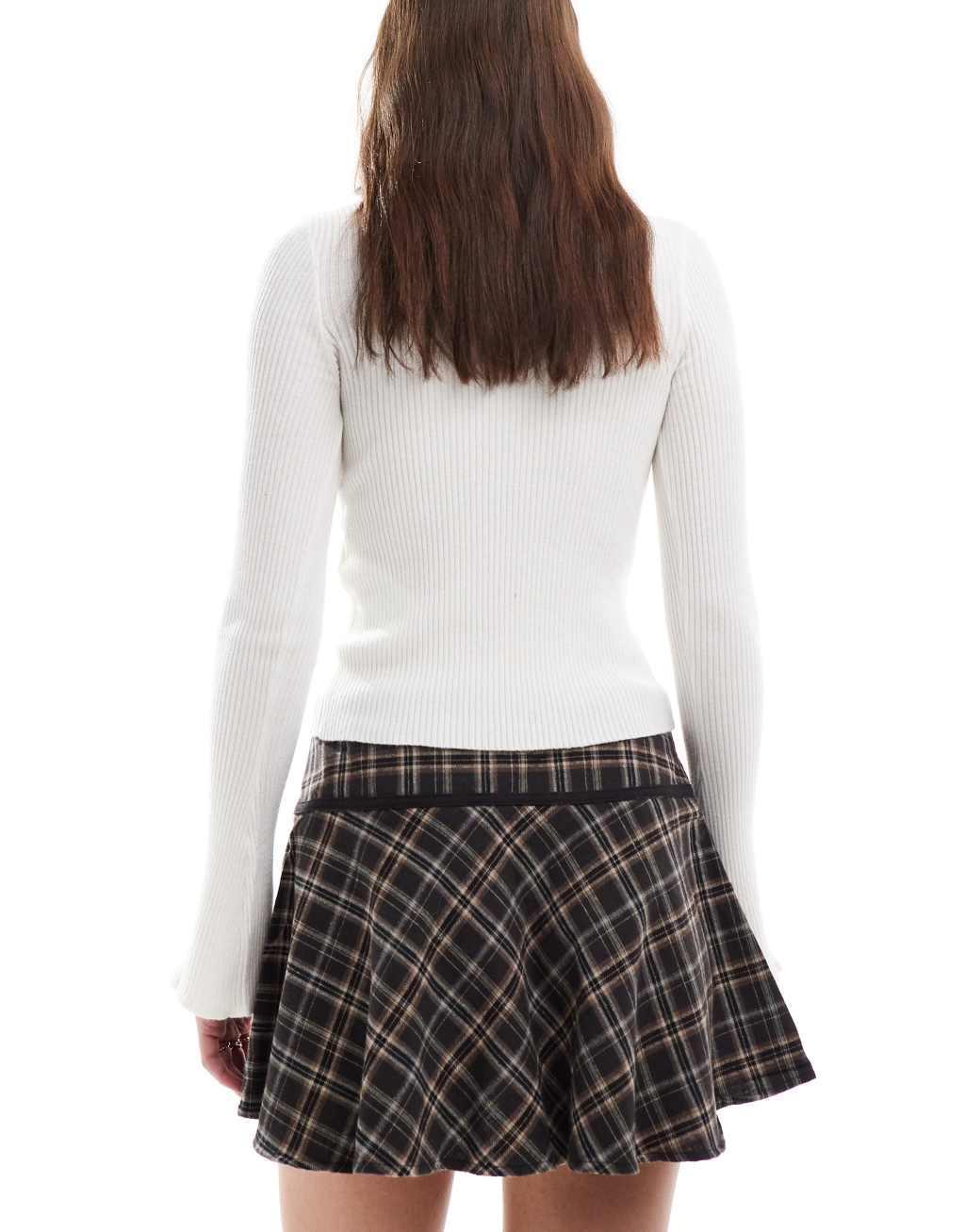 Pull&Bear plaid mini skirt with bow detail in brown Product Image