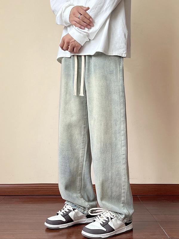 Men's Wash Elastic Waist Drawstring Loose Jeans Product Image