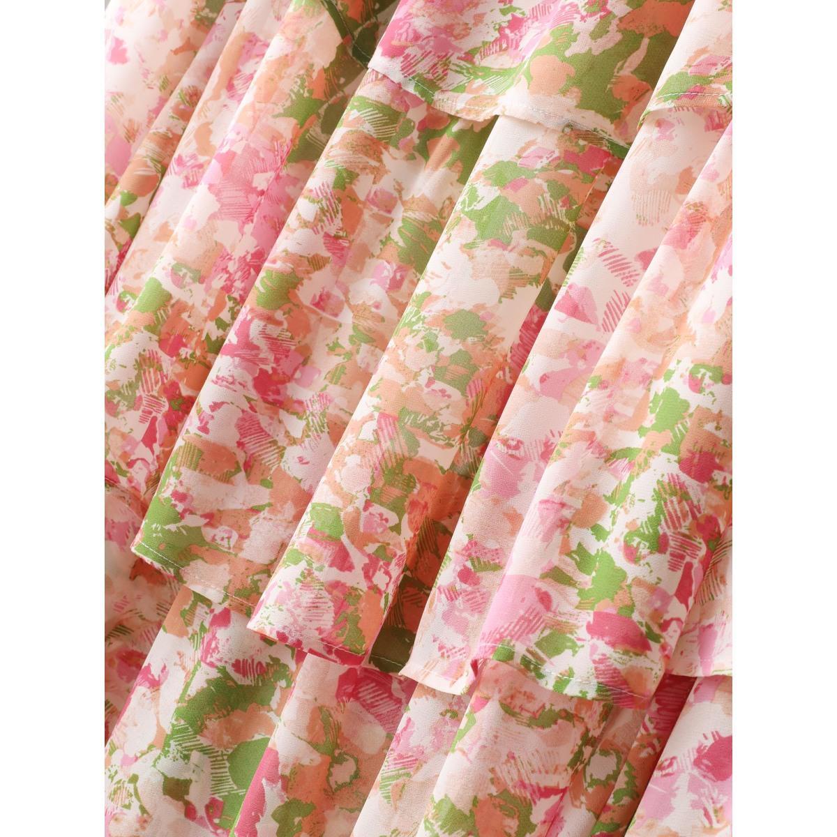 Plus Size Chiffon Floral Shirred Ruffle Layered Hem Dress Multicolor Women Elegant Shirred Non Sleeveless Curvy BloomChic 26/4X Product Image