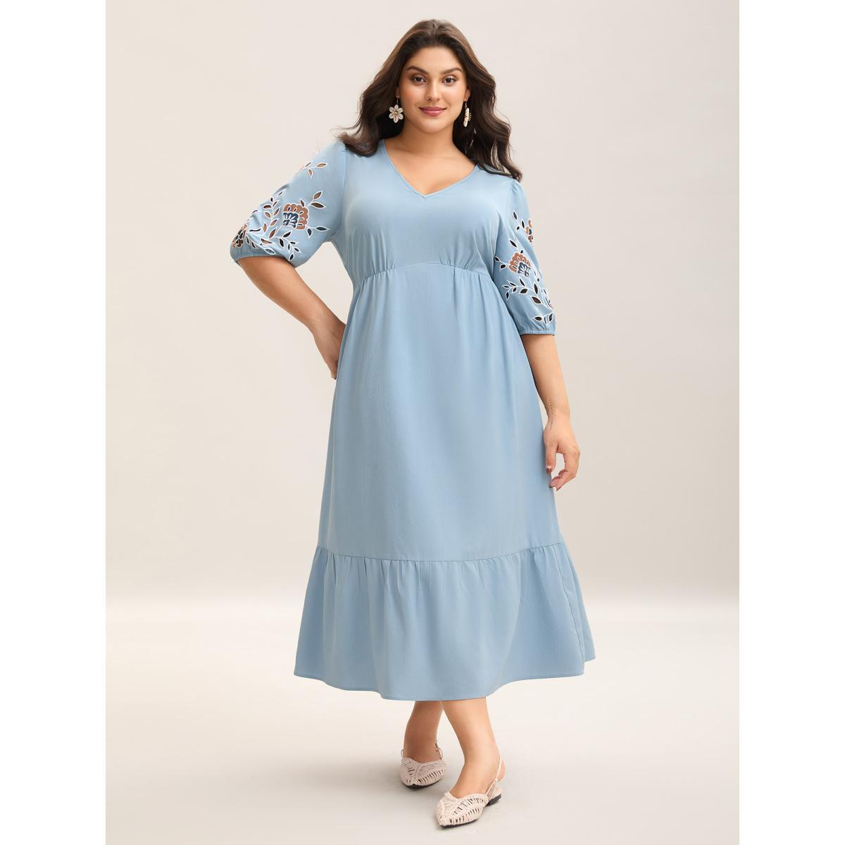 Plus Size Cut-Out Embroidery Stretchy Waist Midi Dress Skyblue Women Boho V-neck Half Sleeve Curvy BloomChic 28/5X Product Image