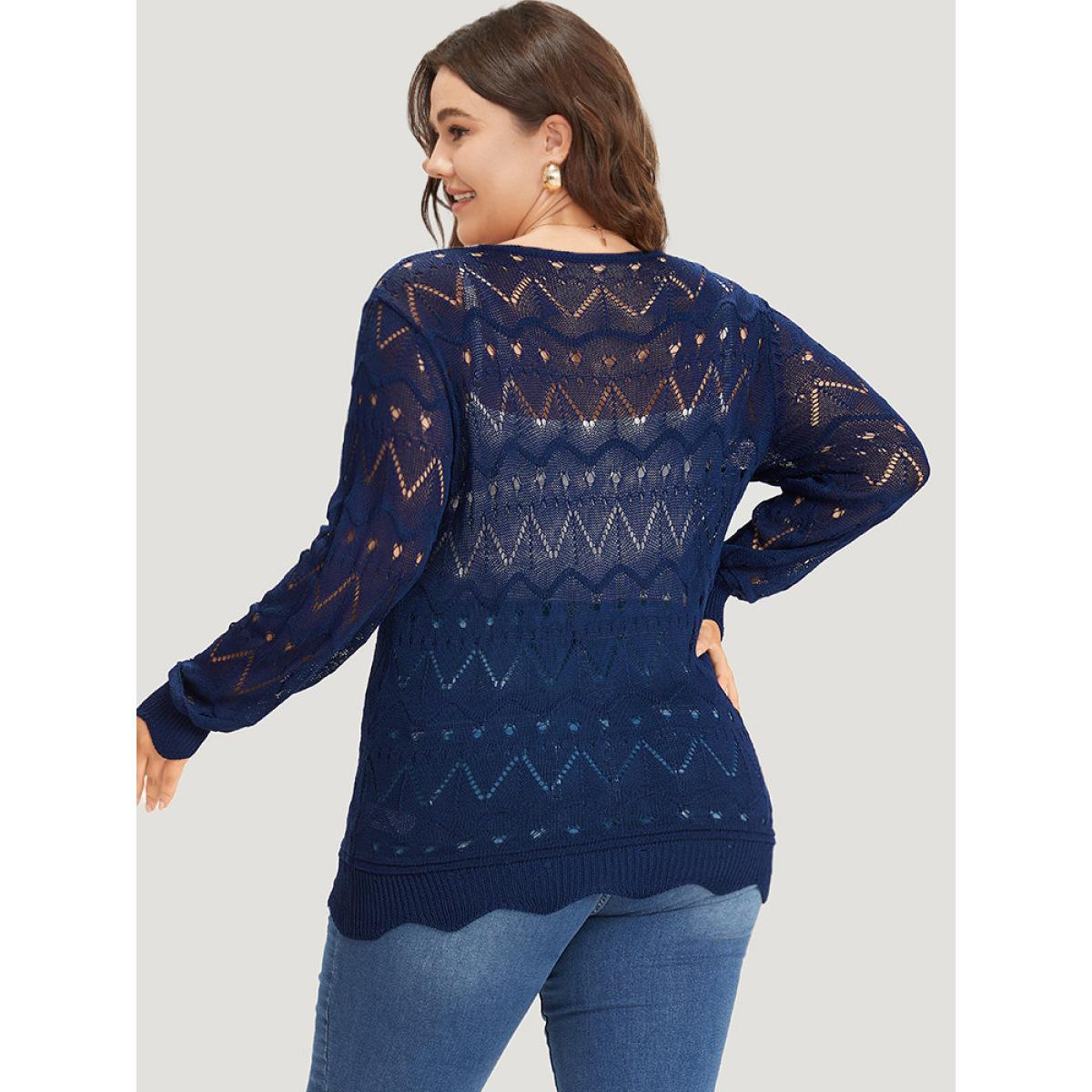 Plus Size Geometric Eyelet Scalloped Trim Drop Shoulder Pullover Indigo Women Casual Loose Long Sleeve Round Neck Dailywear Pullovers BloomChic 22-24/3X Product Image