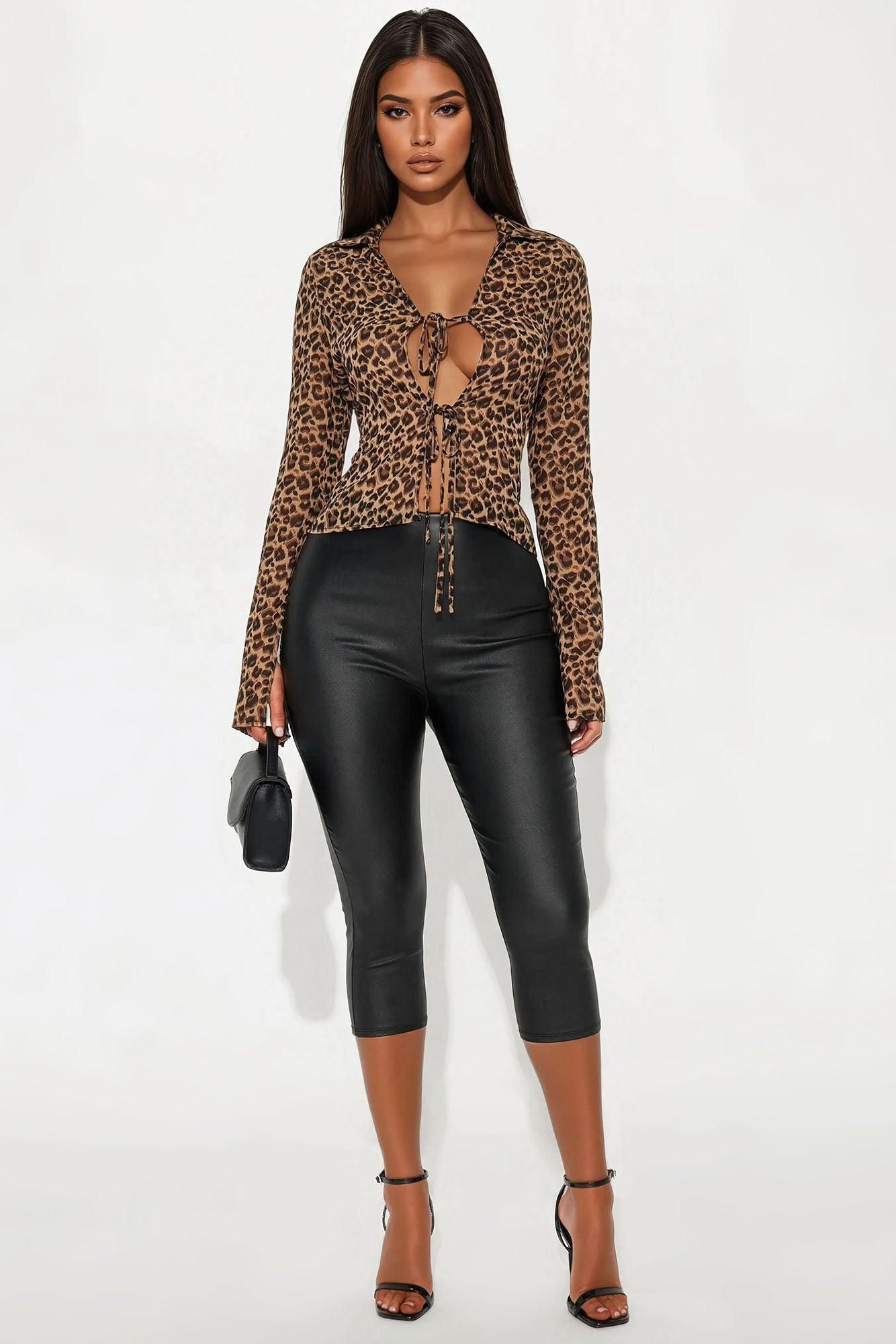 Melina Leopard Chiffon Tie Front Top - Brown Combo Product Image