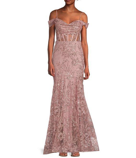 Blondie Nites Glitter Off-The-Shoulder Corset Trumpet Dress Product Image