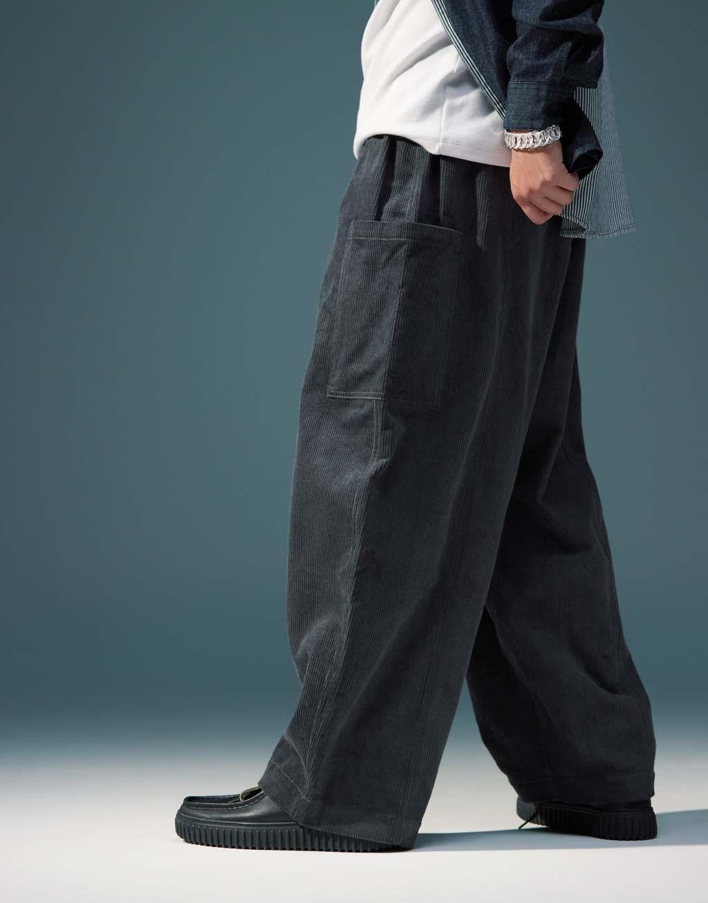 ASOS DESIGN oversized balloon cord pants in charcoal with side pockets Product Image