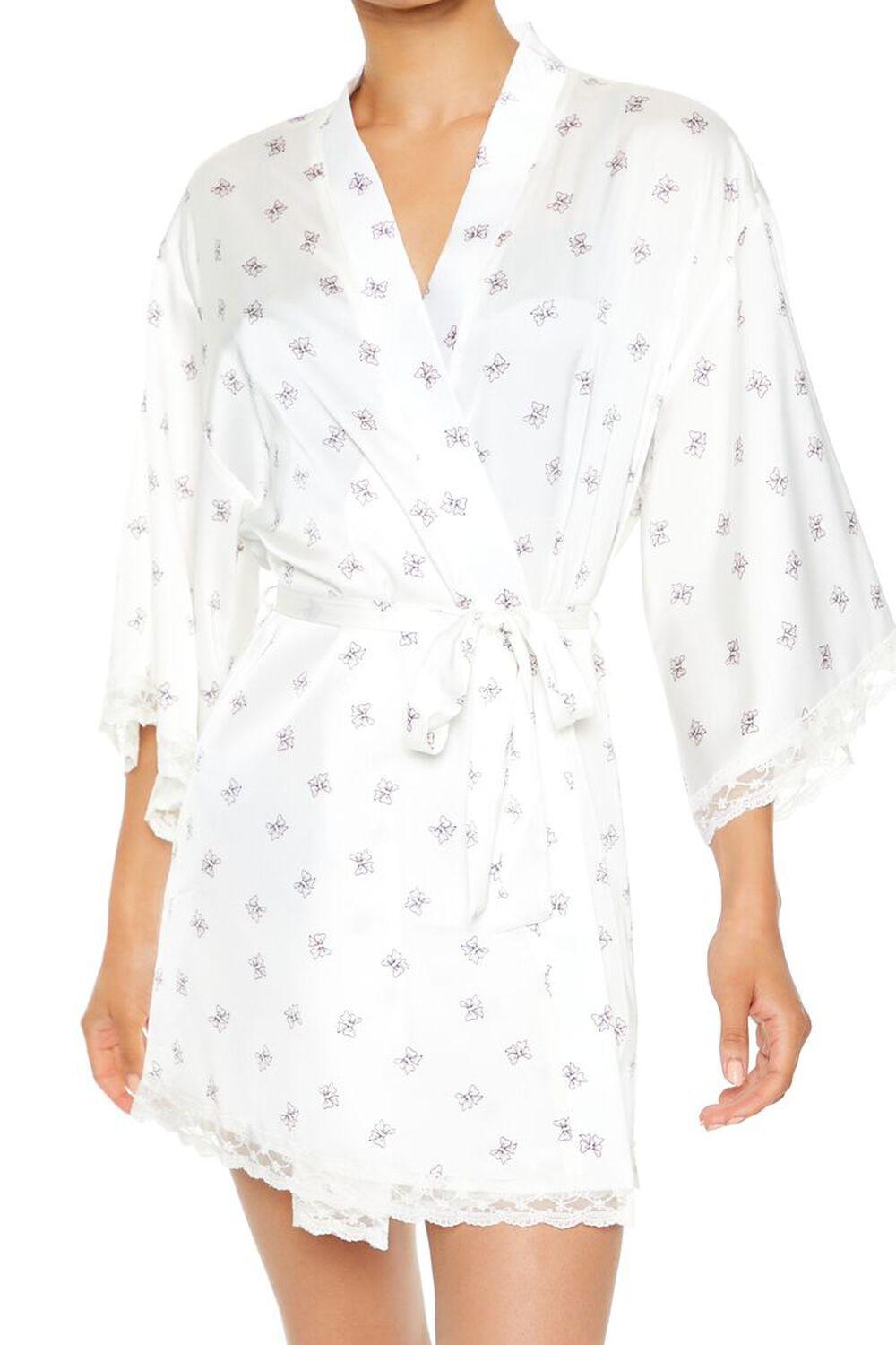 Lace-Trim Bow Print Satin Robe | Forever 21 Product Image