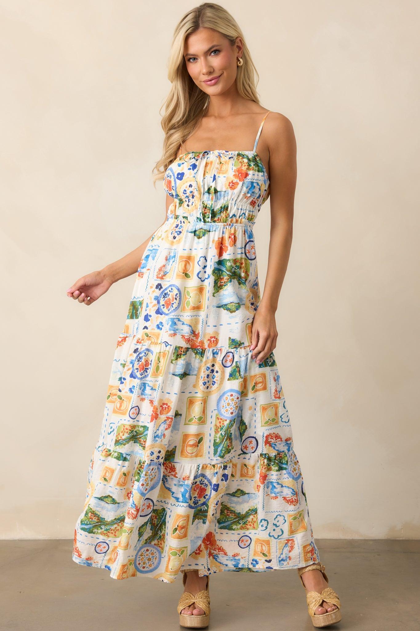 Salt Breeze Blue Multi Watercolor Print Maxi Dress Product Image